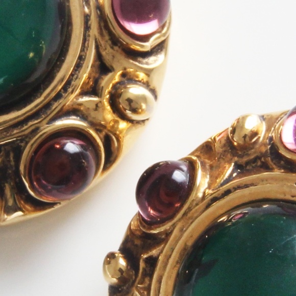 Denaive Paris Large Emerald Green Glass Cabochon Clip Style Earrings 1980s - Picture 7 of 11